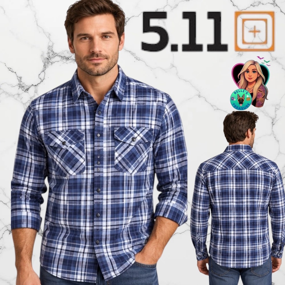 5.11 Tactical Mens XL Blue White Plaid Snap Front Button Up Long Sleeve Shirt